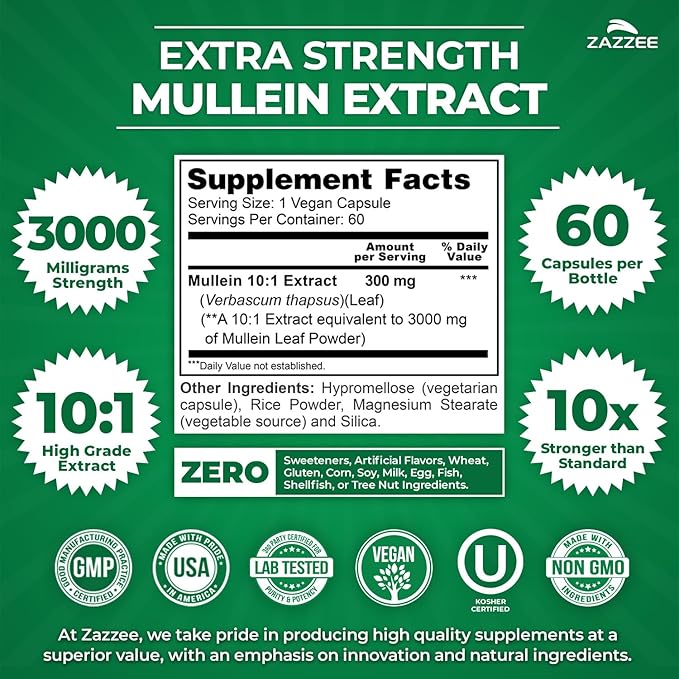 Zazzee Extra Strength Mullein 10:1 Extract, 3000 mg Strength, 60 Vegan Capsules, 2 Month Supply, Standardized 10X Extract, 100% Pure Leaf Powder, All-Natural and Non-GMO, Made in The USA