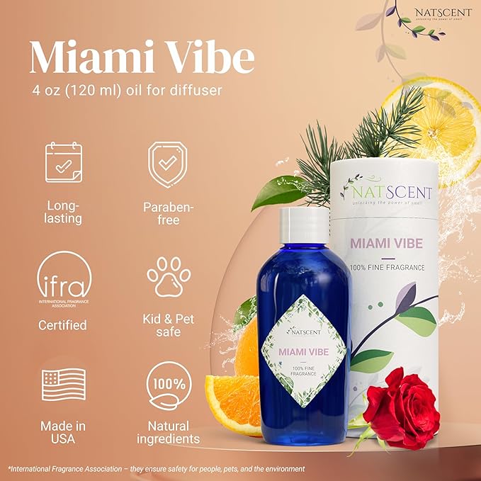 Miami Vibe Essential Oils for Diffusers for Home, Nature-derived Essential Oils, Long-Lasting & Family-Friendly Diffuser Oils Scents, IFRA Certified, Cold Air & Ultrasonic - 4 oz