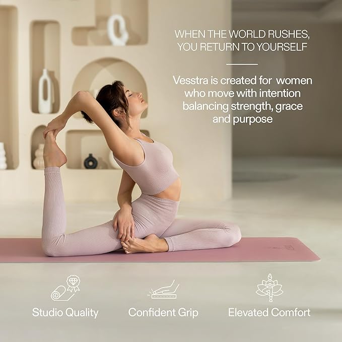 Vesstra Premium Yoga Mat – 4mm I Sweat-Activated Non-Slip PU Grip I Natural Rubber Base for Yoga, Pilates and Fitness