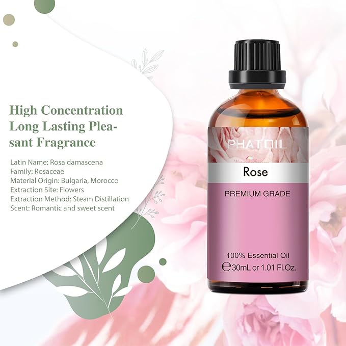 Rose Essential Oil, 1.01Fl.Oz (30ML) PHATOIL Pure Essential Oil Singles for Aromatherapy Diffusers, Humidifiers, Great for DIY Candle and Soap Making, Gift for Friend