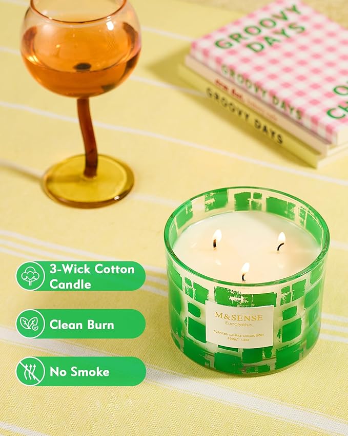 M&SENSE Eucalyptus Scented Candle, Soy Wax 11.6oz 60 Hours Long Lasting Burn, 3 Wick Organic Highly Scented Holiday Candle for Home, Party Ambiance, Fall/Winter Relaxing Gifts for Women