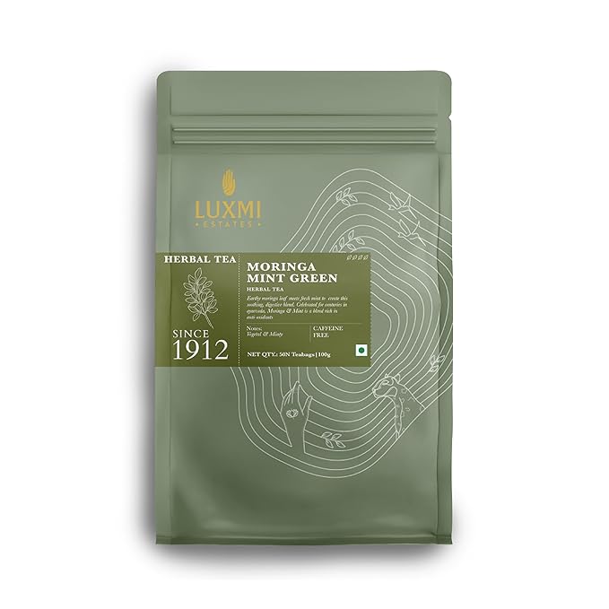 Luxmi Estates Moringa Mint Organic Moringa Mint Green Tea (50 Tea Bags) Caffeine Free Tea Bags For Digestion, Detox, and Stress Relief, With Certified Organic Herbal Tea
