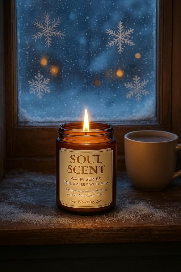 Soul Scent Calm Aromatherapy Candle – Rose, Amber & Musk | Natural Soy Wax, Clean Burn | Minimalist Jar with Silver Lid | Eco Gift for Home & Office