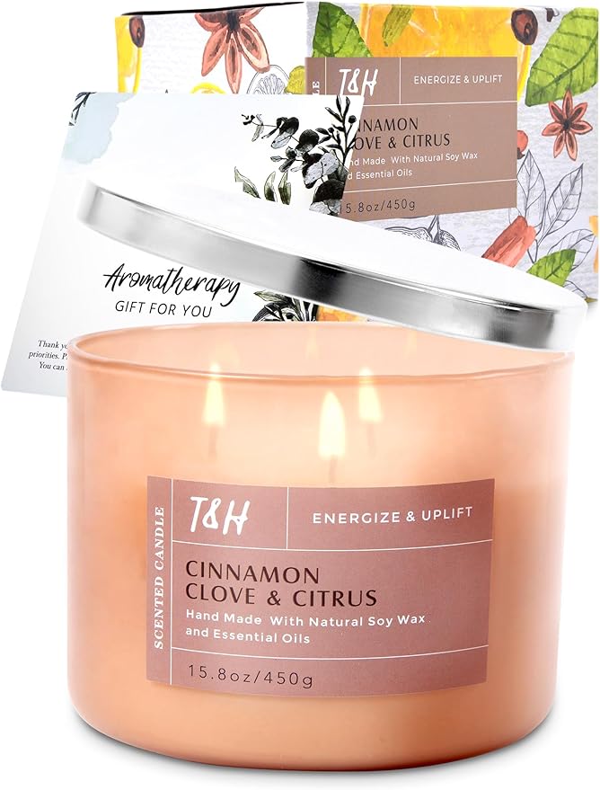 Cinnamon Clove & Citrus 3-Wick Soy Scented Candle, 15.8 oz Large Jar, Spiced Orange Clove Aromatherapy Candle, Winter Home Fragrance, Long Lasting, Clean Burning