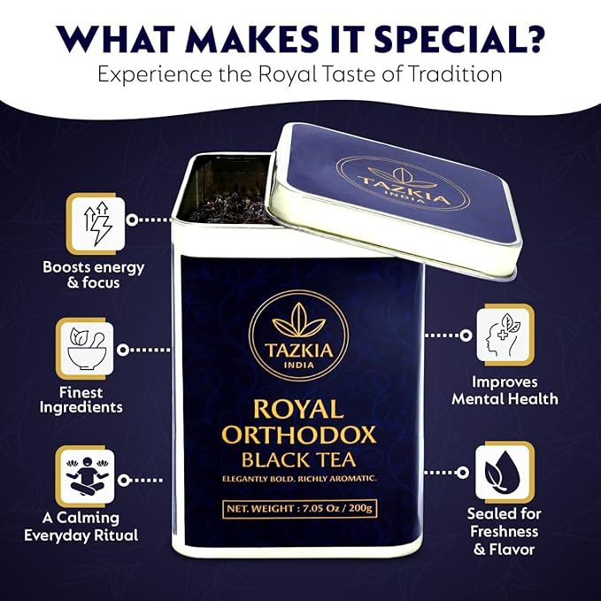 Tazkia Royal Orthodox Black Tea Loose Leaf – Premium Indian Black Tea, Rich Aroma & Bold Flavor, Freshly Harvested Whole Leaf Tea, Elegant Tin Pack, 7.05 oz