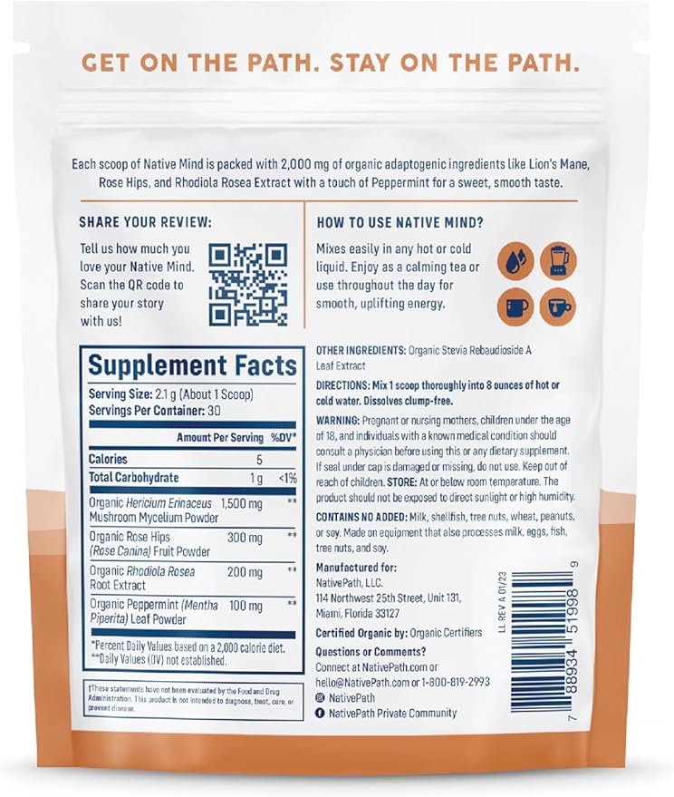 NativePath Native Mind Organic Adaptogen Herbal Support Blend - Organic Mushroom Drink Powder with Lion's Mane, Rhodiola & Rose HIPS - 30 Servings