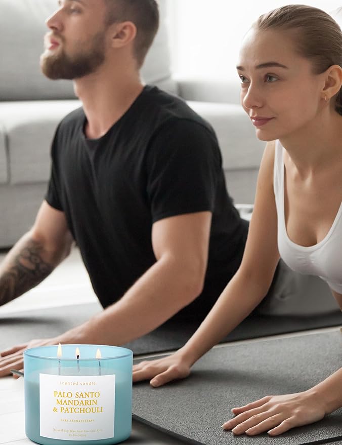 Palo Santo Mandarin Patchouli 3 Wick Candle - Large Soy Scented Candle 15.8 oz - Calming Home Aromatherapy Candle for Women & Men - Long Lasting Clean Burn - Stress Relief Candle