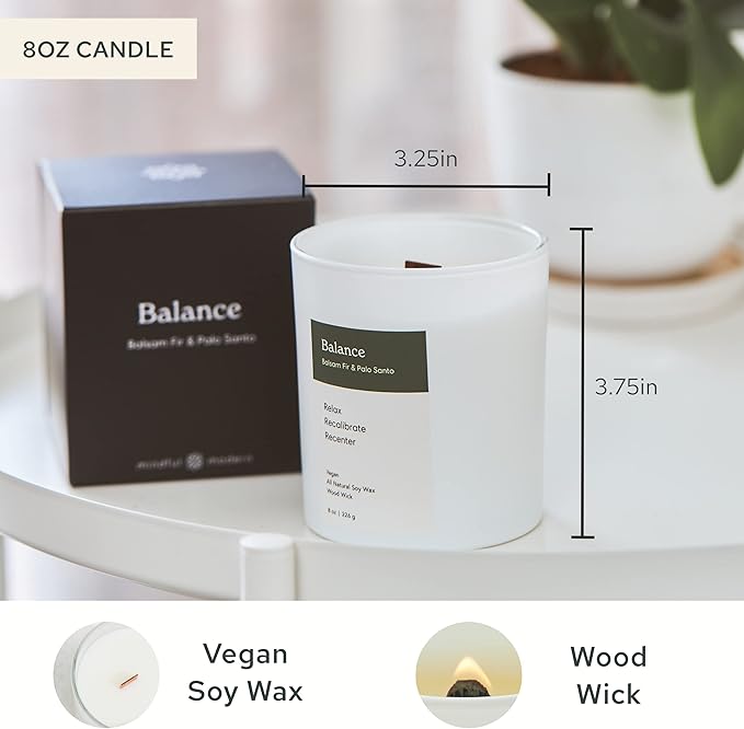 Mindful Modern Natural Balance Candle | Balsam Fir & Palo Santo Scented | Aromatherapy for Stress Relief, Meditation, Yoga, Chakra Healing, Prayer | Elegant Home Fragrance | Soy Wax | 8oz Glass Jar