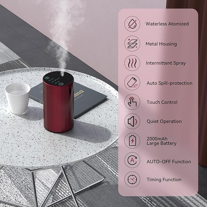 Waterless Essential Oil Diffuser Aromatherapy Scent Diffusers for Home Large Room, Bedroom, Car, Office, Desk, Battery Operated Mini Portable Air Freshener (red)