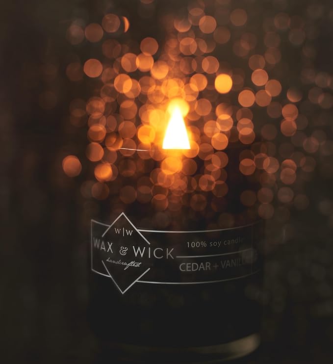 Wax & Wick 12oz Scented Candle for Men, 100% Soy Wax, Double Wood Wick, Black Jar, Cedar Vanilla Scent, Long Lasting, Masculine Scents, Perfect for Home, Mancave, Bachelor Pad, Men's Gift - USA Made