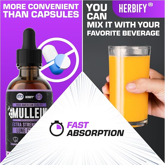 HERBIFY Mullein Drops - Lung Cleanse - Leaf Extract - Powerful Mullein for Immune Support, Detox & Respiratory Support - Made in USA - Herbal Supplements - 4 Oz Grape Flavor