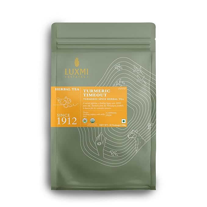 Luxmi Estates Turmeric Time-Out Herbal Tea, 50 Tea Bags, Organic Herbal Tea, Turmeric, Ginger, Cardamom, Black Pepper, Supports Immunity, Inflammation, and Stress Relief