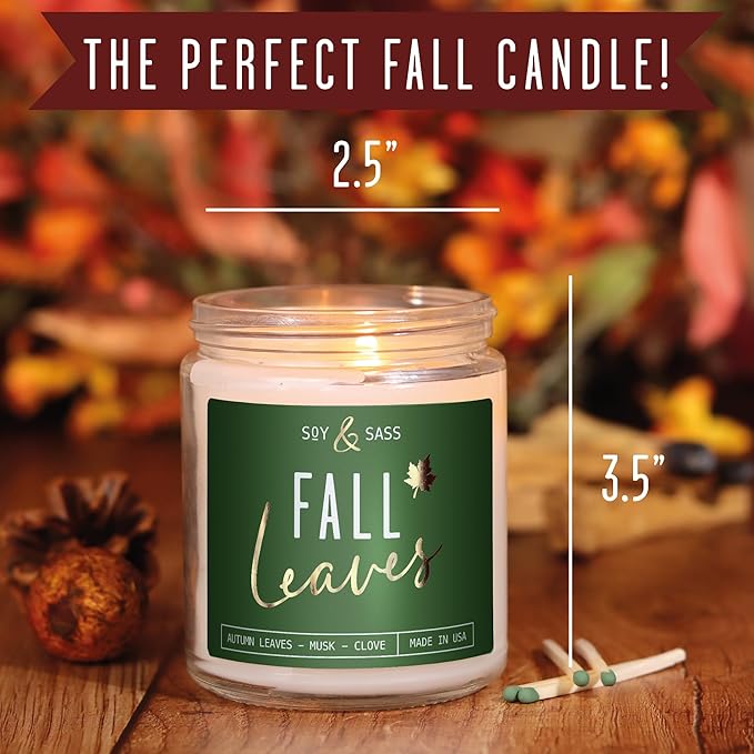 Fall Candles - 'Fall Leaves' Fall Candle w/Autumn Leaves, Clove & Musk I Infused with Essential Oils I Autumn Scented Candles I Cozy Cute Autmn Décor Gifts I 9oz Jar I 50Hr Burn I Made in USA