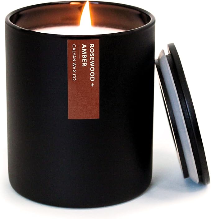 Calyan Wax Co. Rosewood & Amber Scented Candle - 75 Hour Burn - Luxury Non Toxic Soy Wax Candles - Long Lasting Black Tumbler Jar Candle for Home - 10.2oz