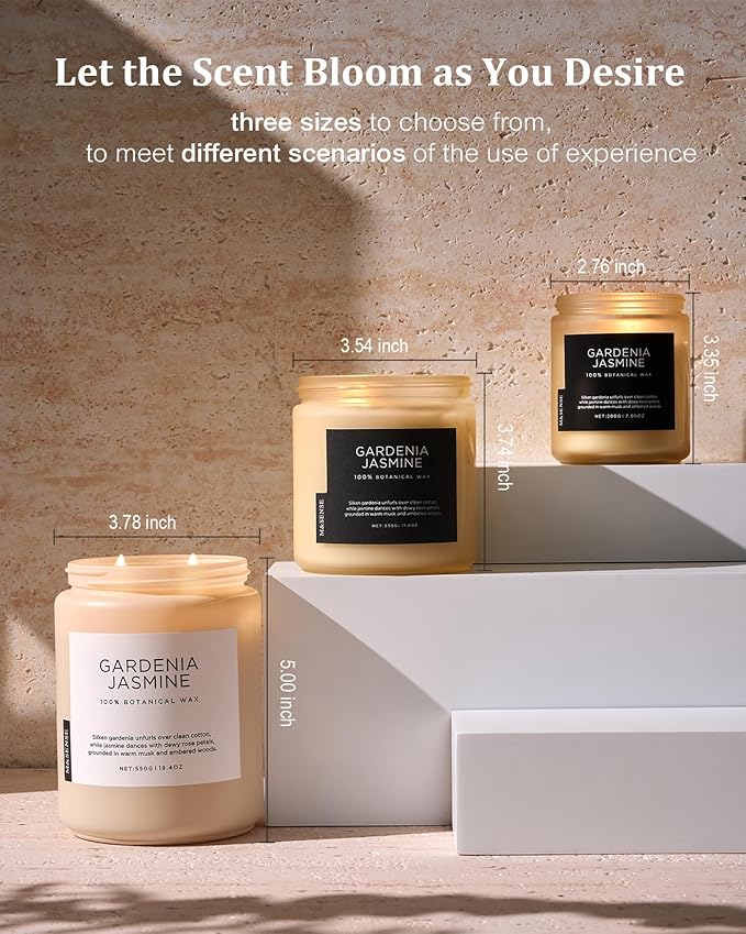 M&SENSE Gardenia Jasmine Scented Candle, 110 Hours Slow Burning Clean Non Toxic 19.4oz 2 Wicks Highly Scented Aromatherapy Candle for Housewarming Gifts, Long Lasting Fragrance for Bath & Office