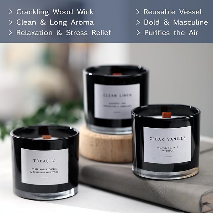 Scented Candles for Men – Masculine Candle Gift Set of 3 with Tobacco, Cedar Vanilla & Clean Linen – Luxury Navy Candles Gift Box, Birthday Gifts for Men, Candles for Boyfriend, Christmas Gifts