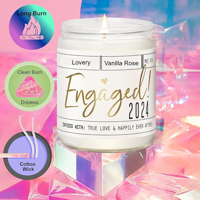 LOVERY Engagement Gift, Vanilla Rose Scented Soy Wax Candle, Engagement Gifts for Couples, Engaged 2024 Candle, Engagement Gifts for Her, Fiancé Gifts for Women, 50Hr Burn, White, Gold
