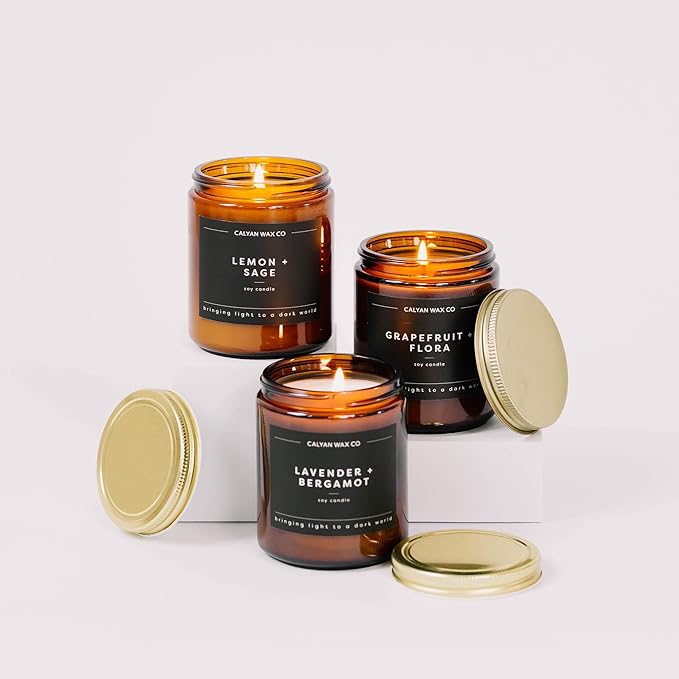 Calyan Wax Co. Cedar & Tobacco Scented Candle - 57 Hour Burn - Luxury Non Toxic Soy Wax Candles - Long Lasting Amber Glass Jar Candle for Home - 7.2oz