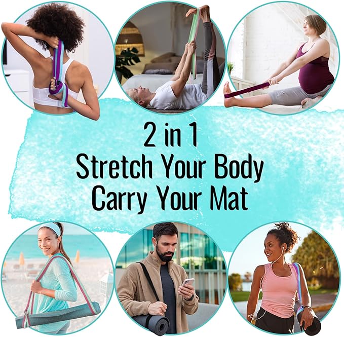 TECEUM Yoga Strap & Mat Strap – 2 IN 1 – Cotton – 6 ft 8 ft 10 ft (30+ colors) – Adjustable Non-Slip Belt for Yoga, Pilates, Stretching, Physical Therapy, Fitness & Home Workout – For Carrying Mats