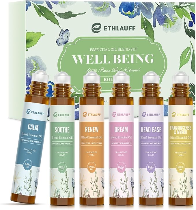 Essential Oil Roll On Set, (Calm,Renew,Dream,Head Relief), Aromatherapy Roll On Blends for Massage, Body Care & Home Use, Stress Relief Gift Men & Women