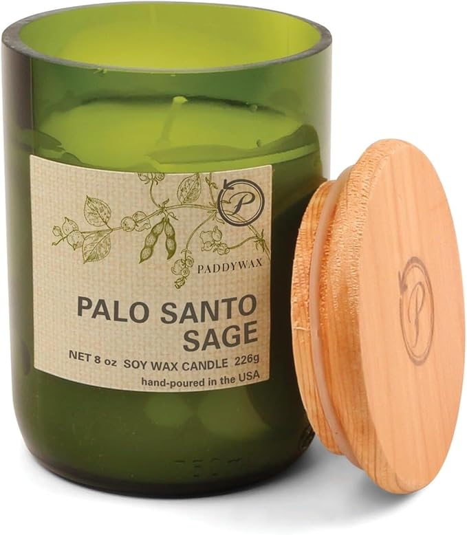Paddywax Eco Green Collection Soy Wax Blend Candle in Glass Jar, Palo Santo Sage Scent, Green Vessel with Wood Lid, 8 oz