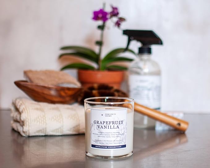 PERIPETI Home Grapefruit + Vanilla Soy Candle - Long-Lasting Scented Candle with a Wooden Wick for Relaxing Aromatherapy - 8.5oz Natural Wax for Home, Spa, or Gift