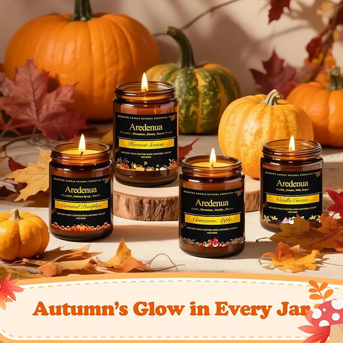 Holiday Candles Set – 4 Pack Cozy Winter Christmas Seasonal Candles Gift - Caramel Pumpkin, Cinnamon Apple, Harvest Season & Vanilla Cream, Hand-Poured Soy Candles for Christmas Cozy Winter Gifting