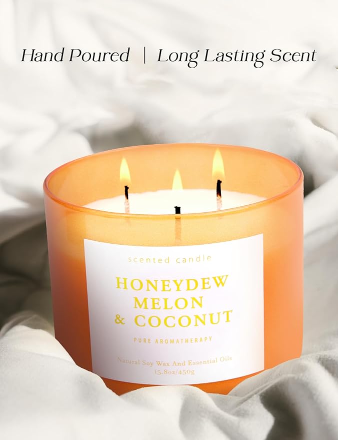 Honeydew Melon Coconut 3-Wick Soy Candle, 15.8 oz | Large Melon Coconut Fruity Scented Candle for Home | Highly Scented Aromatherapy Candle for Relaxation & Stress Relief | Gift for Women & Men