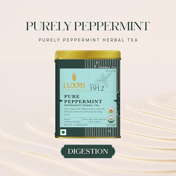 Luxmi Estates Purely Peppermint 25gm Tin | USDA Certified Organic Herbal Tea | Mint Tea Best for Night Time