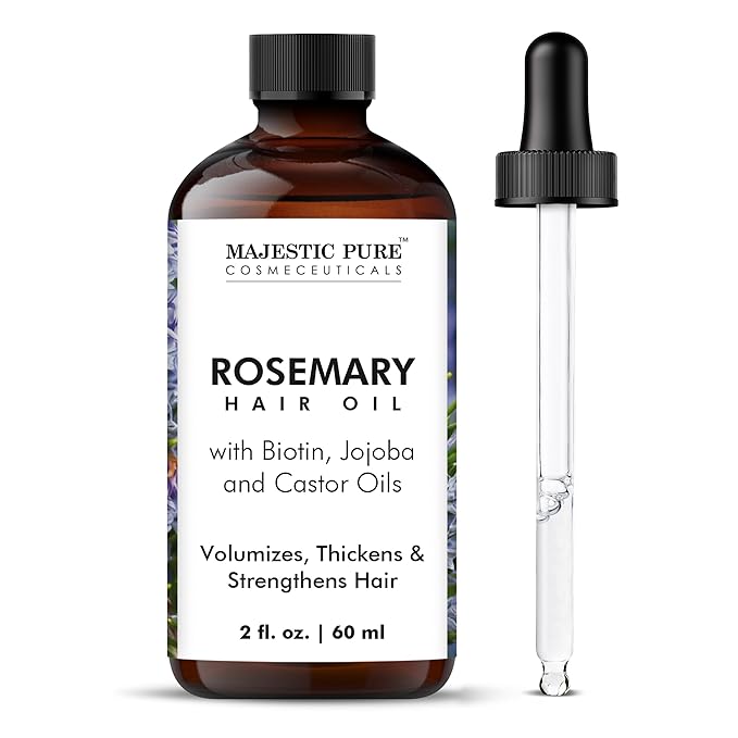 Majestic Pure 100% Pure Rosemary Oil For Hair Growth - Strengthening, Nourishing, Volumizing - Infused with Biotin Oil, Jojoba Oil & Castor Oil - Non GMO Verified - 2 Fl Oz