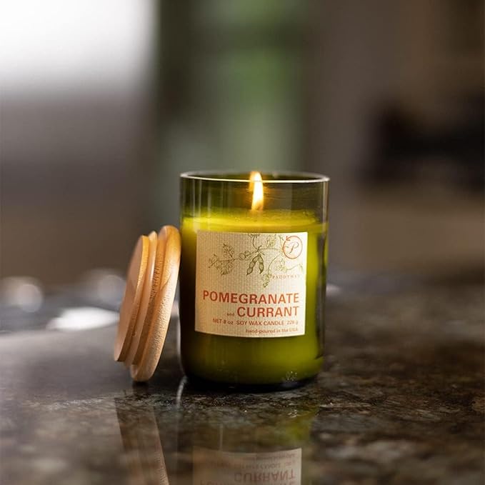 Paddywax Eco Collection Scented Soy Wax Candle in Glass Jar, Pomegranate & Currant Fragrance, Green Vessel with Wood Lid, 8 oz