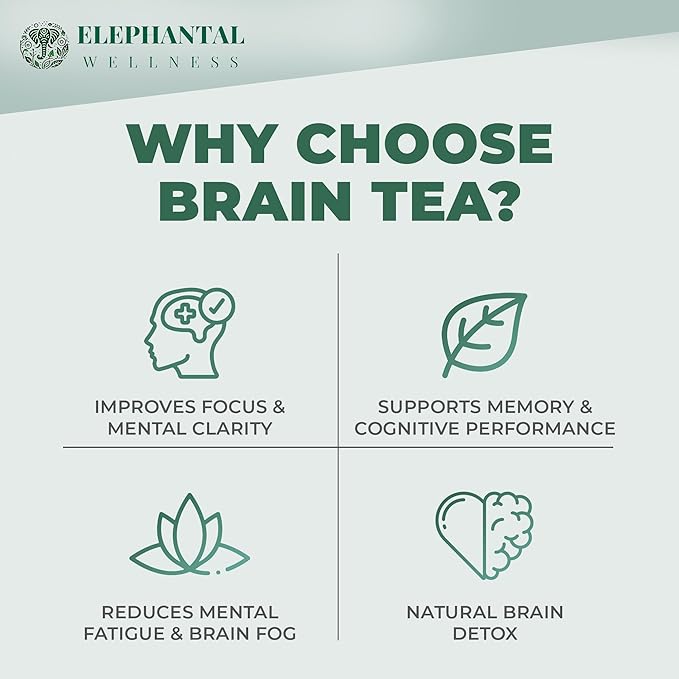 Elephantal Wellness Premium Brain Herbal Tea | Botanical Blend with Ginkgo, Bacopa, Ashwagandha & Gotu Kola | Handmade, Caffeine-Free, Non-GMO Loose Leaf Herbal Tea, 4oz Loose Leaf, 40 Servings