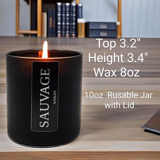 AANLIFE Sauvage Scented Candle for Men, Masculine Fragrance Inspired by French Cologne, Organic Wax 50H Burn, Gift for Dad Husband Boyfriend, Glass Jar with Lid, 8 oz, USA