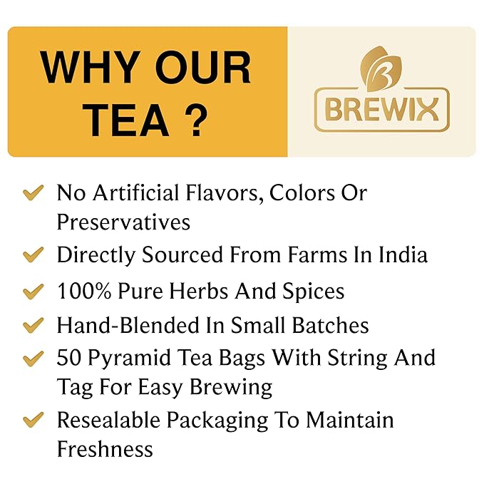 BREWIX, Turmeric Ginger Herbal Tea Bags (50 Pyramid Tea Bags) Caffeine-Free Ayurvedic Blend for Daily Wellness & Immune Balance | Daily Wellness Ritual | Gluten Free | Real Ingredients From India