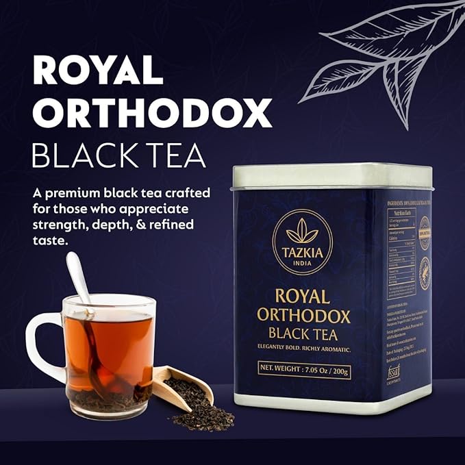 Tazkia Royal Orthodox Black Tea Loose Leaf – Premium Indian Black Tea, Rich Aroma & Bold Flavor, Freshly Harvested Whole Leaf Tea, Elegant Tin Pack, 7.05 oz