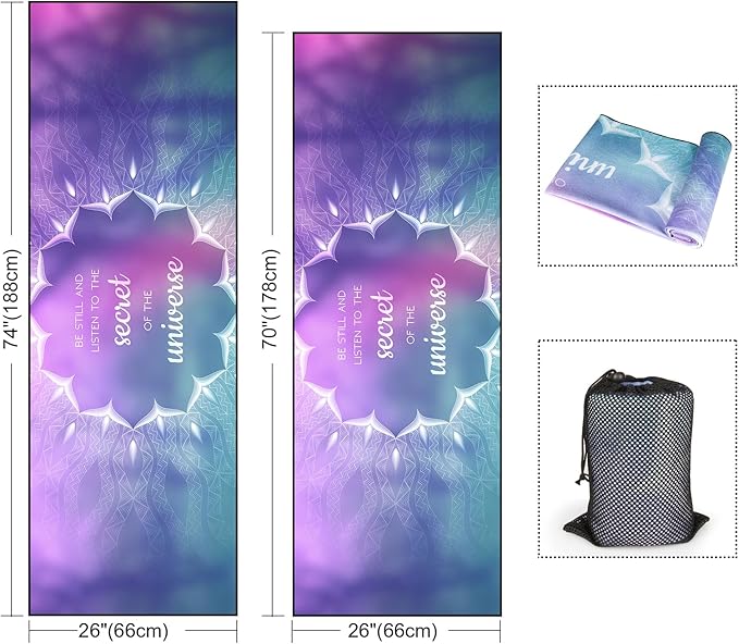 Colorful Star Large Yoga Towel with Corner Pockets, Non Slip Grip Dots Absorbent Hot Yoga Mat Towels, Yoga Blankets with Travel Bag, Mat Cover for Workout, Gym, Fitness - 74"x26", Purple Blue Lotus