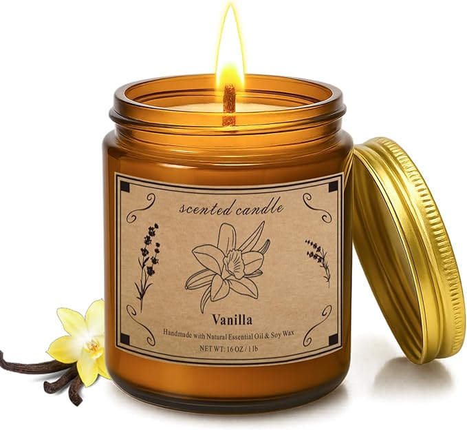 Scented Candles for Home, 16oz Large Amber Jar Scented Candle – Vanilla Soy Wax Candle with 100 Hour Burn Time, Long Lasting Aromatherapy Candle for Relaxing Home Fragrance & Gift Giving
