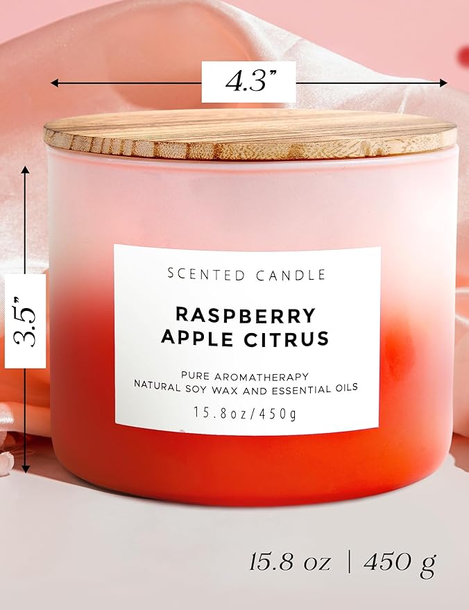 Large 3 Wick Soy Candle 15.8 oz - Raspberry Apple Citrus Scented Candle with Cranberry & Warm Cinnamon - Clean Burn, Long Lasting - Aromatherapy Candle for Relaxation & Stress Relief