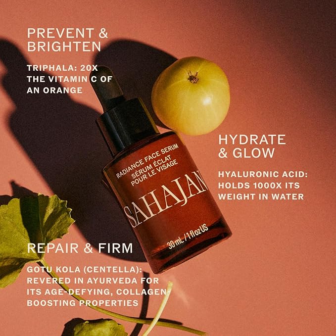 Sahajan Radiance Vitamin C Face Serum with Centella + Hyaluronic Acid | Clinically-Proven Clean Ayurvedic Anti-Aging Facial Serum | All Skin Types | Fine Lines & Wrinkles | 1 fl oz