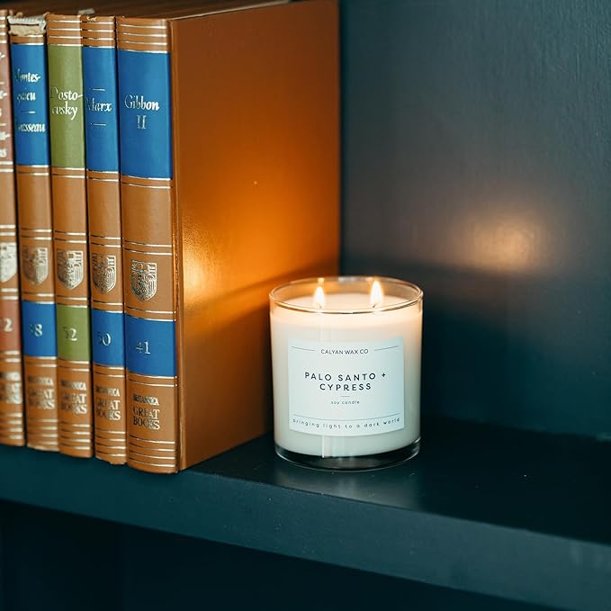 Calyan Wax Co. Palo Santo & Cypress 2 Wick Scented Candle - 37 Hour Burn - Luxury Non Toxic Soy Wax Candles - Long Lasting Large Glass Jar Candle for Home - 8.8oz