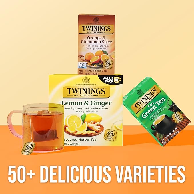 Twinings Orange & Cinnamon Spice Herbal Tea Individually Wrapped Bags, 20 Count (Pack of 1), Naturally Caffeine-Free, Enjoy Hot or Iced, 20 Teabags