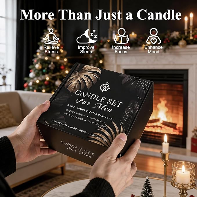 Scented Candles for Men Gift Set, Masculine Soy Candle Set with Leather, Smoke & Oak Scents – 4 Pack Manly Aromatherapy Candles for Home, Office & Relaxation Gifts for Him