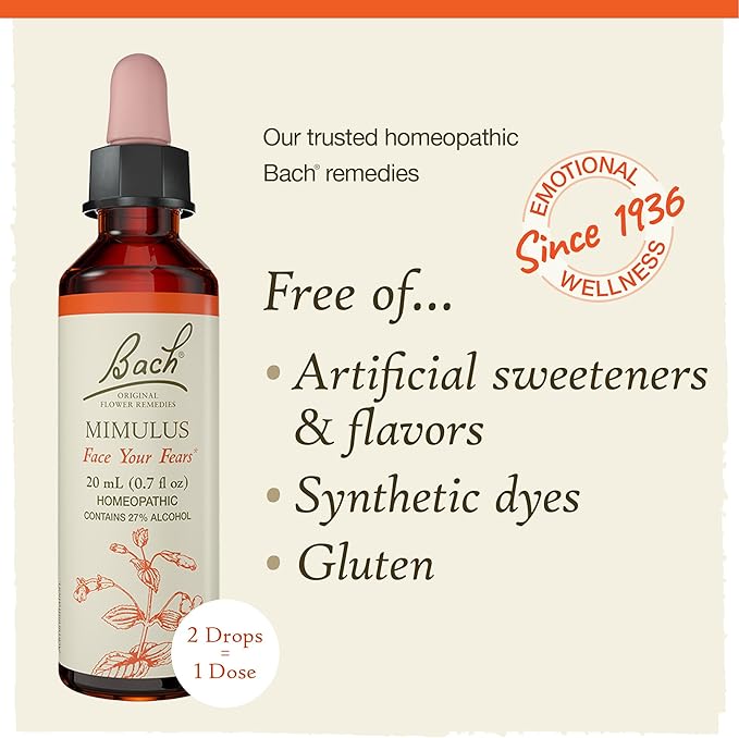 Bach Original Flower Remedies, Mimulus - Face Your Fears - Natural Homeopathic Flower Essence for Emotional Balance - Vegan, Gluten Free, Sugar Free - 20mL Dropper