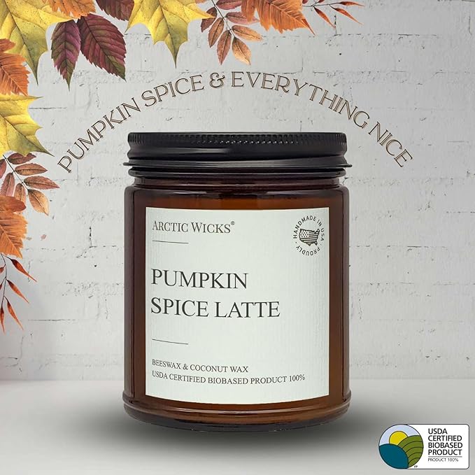 Arctic Wicks Scented Coconut Beeswax Candles | Coconut Beeswax Non Toxic Candle 9oz Amber | Farmhouse Candles Non-Toxic Clean Burn 100% USDA Certified Biobased (Pumpkin Spice Latte)