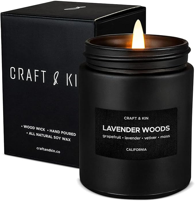 Craft & Kin Premium Lavender Woods Candle | Black Christmas Scented Candles for Men | Long Lasting with 45 Hour Burn Time, 7.6oz | Soy Holiday Candle | Aromatherapy at Home | Gifts for Men