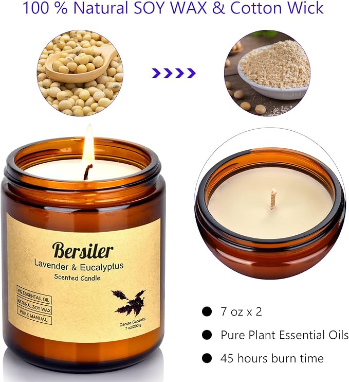 Aromatherapy Candles, 14 OZ Lavender Eucalyptus Scented Candles Stress Relief and Relax for Home & Bedroom Gift for Women Birthday Christmas, Soy Wax Candles (Lavender Eucalyptus 2 Jar)