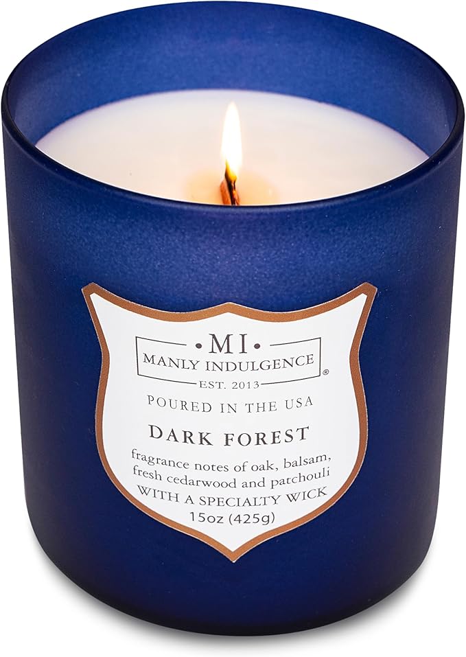 Manly Indulgence Dark Forest Scented Jar Candle for Men, Wood Wicked Candle, 15 oz - Oak, Balsam, Fresh Cedarwood & Patchouli - Up to 60 Hours Burn, Soy Blend Wax, USA Poured, Navy Blue