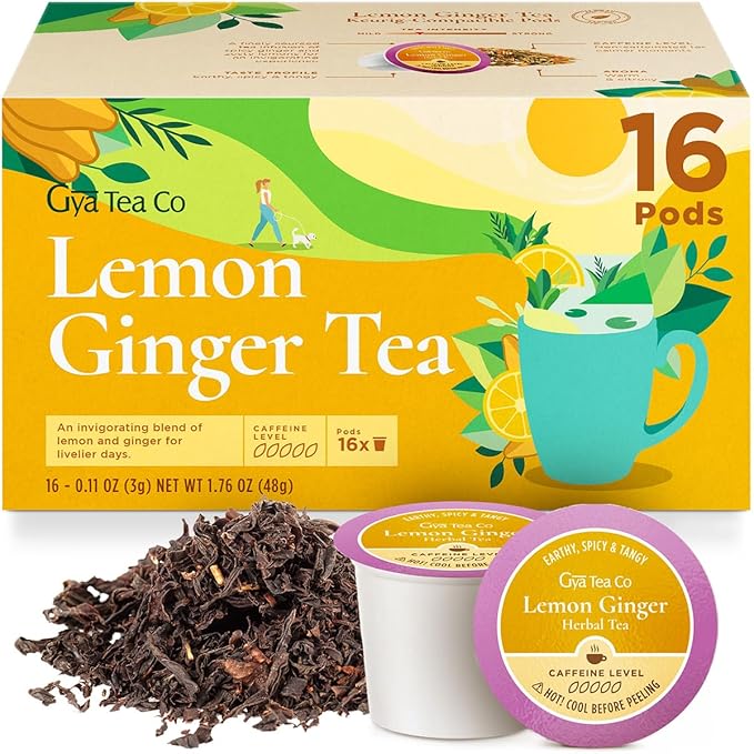 Gya Tea Co Lemon Ginger Herbal Tea Pod (16 Count)- Decaf Wellness Tea for Body Comfort & Relaxing