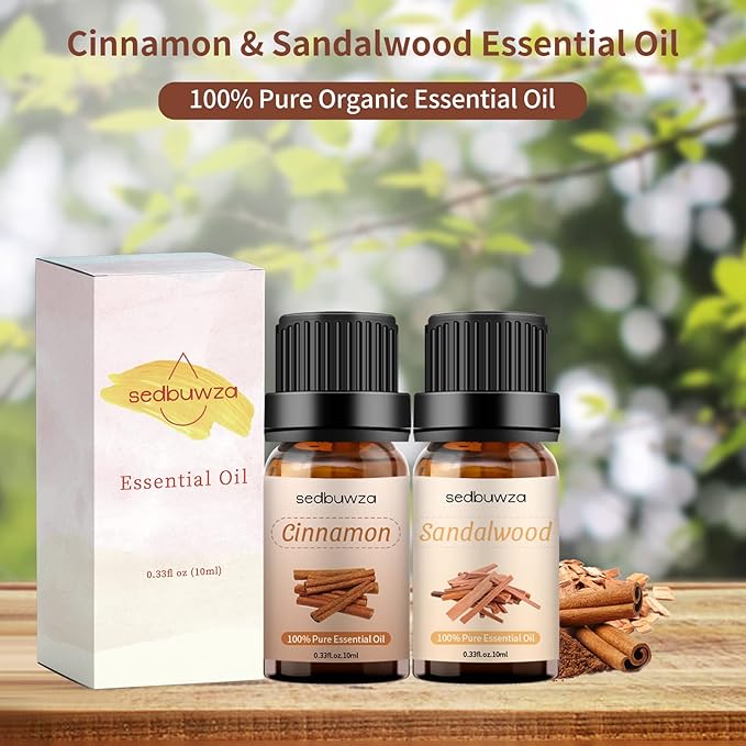 Sandalwood Oil Cinnamon Essential Oil Set, 100% Pure Organic Aromatherapy Oils Gift Set for Diffuser, Massage, Soap, Candle Making Making - 2 x 10ml