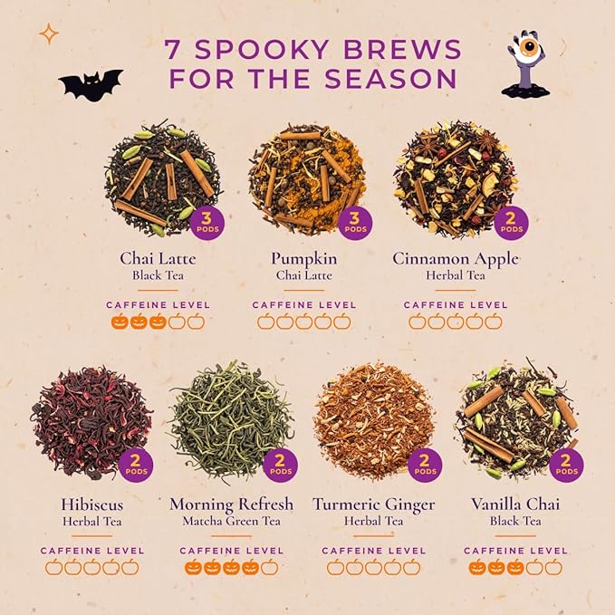 Gya Tea Co Halloween Tea Pod Collection Gift Set (16 Count) - Different Flavors Assorted Variety Pack